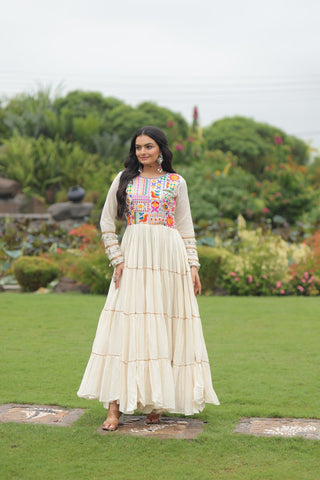 Kora Cotton with Multi Thread Embroidered & Gota patti Work  with 12 Meter Huge Flair Gown