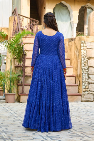 Leheriya Print work with Kutchi Patch work in Chinon Fabric with 12 Meter Big Flair Navaratri Gown