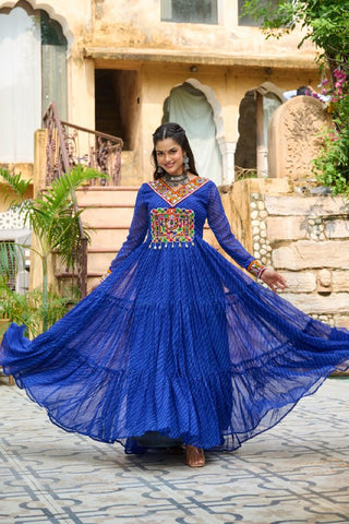 Leheriya Print work with Kutchi Patch work in Chinon Fabric with 12 Meter Big Flair Navaratri Gown