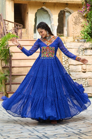 Leheriya Print work with Kutchi Patch work in Chinon Fabric with 12 Meter Big Flair Navaratri Gown