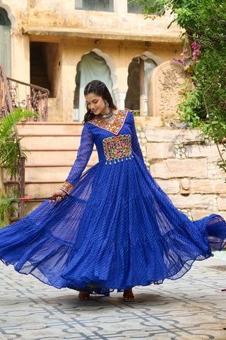 Leheriya Print work with Kutchi Patch work in Chinon Fabric with 12 Meter Big Flair Navaratri Gown