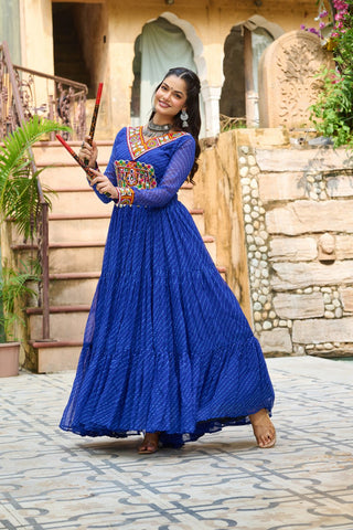 Leheriya Print work with Kutchi Patch work in Chinon Fabric with 12 Meter Big Flair Navaratri Gown