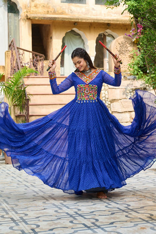 Leheriya Print work with Kutchi Patch work in Chinon Fabric with 12 Meter Big Flair Navaratri Gown