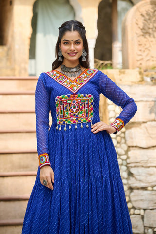 Leheriya Print work with Kutchi Patch work in Chinon Fabric with 12 Meter Big Flair Navaratri Gown