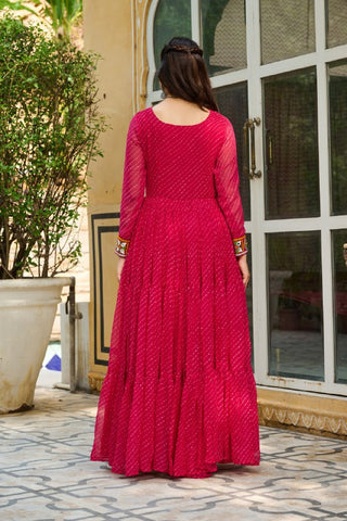 Leheriya Print work with Kutchi Patch work in Chinon Fabric with 12 Meter Big Flair Navaratri Gown