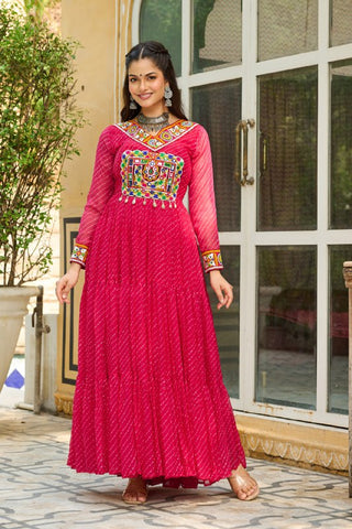 Leheriya Print work with Kutchi Patch work in Chinon Fabric with 12 Meter Big Flair Navaratri Gown