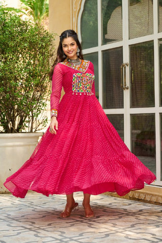 Leheriya Print work with Kutchi Patch work in Chinon Fabric with 12 Meter Big Flair Navaratri Gown
