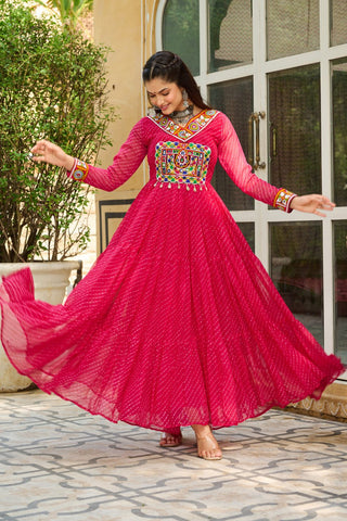 Leheriya Print work with Kutchi Patch work in Chinon Fabric with 12 Meter Big Flair Navaratri Gown