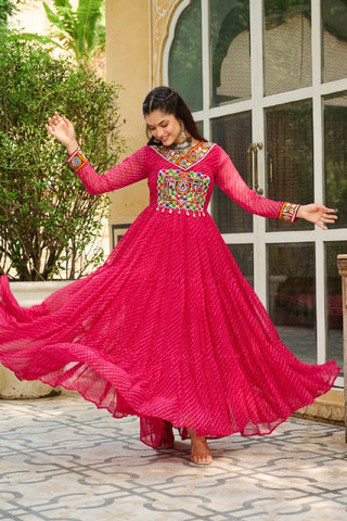 Leheriya Print work with Kutchi Patch work in Chinon Fabric with 12 Meter Big Flair Navaratri Gown