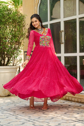 Leheriya Print work with Kutchi Patch work in Chinon Fabric with 12 Meter Big Flair Navaratri Gown