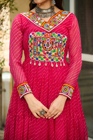 Leheriya Print work with Kutchi Patch work in Chinon Fabric with 12 Meter Big Flair Navaratri Gown