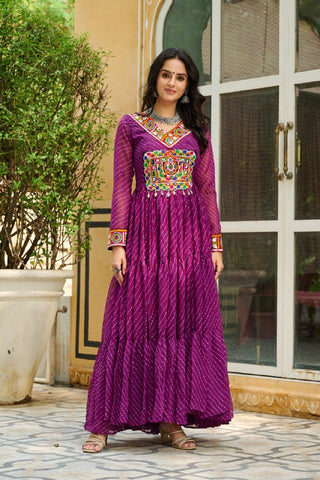 Leheriya Print work with Kutchi Patch work in Chinon Fabric with 12 Meter Big Flair Navaratri Gown