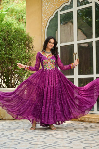 Leheriya Print work with Kutchi Patch work in Chinon Fabric with 12 Meter Big Flair Navaratri Gown