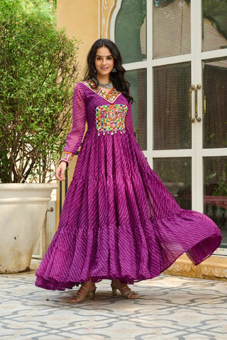 Leheriya Print work with Kutchi Patch work in Chinon Fabric with 12 Meter Big Flair Navaratri Gown