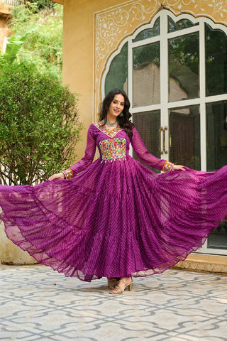 Leheriya Print work with Kutchi Patch work in Chinon Fabric with 12 Meter Big Flair Navaratri Gown