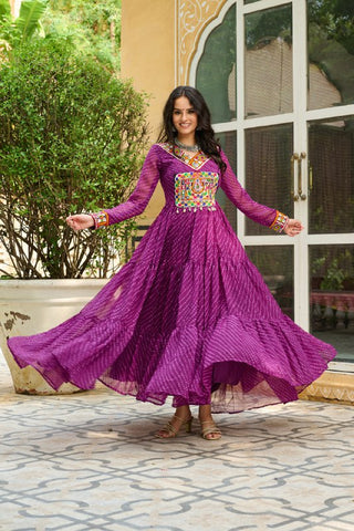 Leheriya Print work with Kutchi Patch work in Chinon Fabric with 12 Meter Big Flair Navaratri Gown