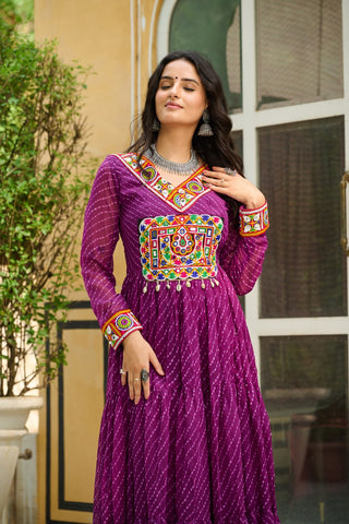 Leheriya Print work with Kutchi Patch work in Chinon Fabric with 12 Meter Big Flair Navaratri Gown