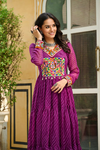 Leheriya Print work with Kutchi Patch work in Chinon Fabric with 12 Meter Big Flair Navaratri Gown