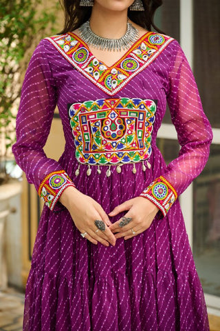 Leheriya Print work with Kutchi Patch work in Chinon Fabric with 12 Meter Big Flair Navaratri Gown