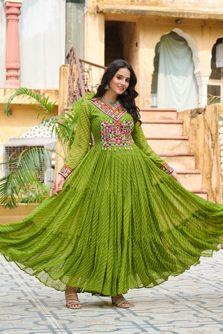 Leheriya Print work with Kutchi Patch work in Chinon Fabric with 12 Meter Big Flair Navaratri Gown