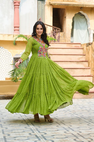 Leheriya Print work with Kutchi Patch work in Chinon Fabric with 12 Meter Big Flair Navaratri Gown