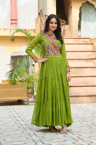 Leheriya Print work with Kutchi Patch work in Chinon Fabric with 12 Meter Big Flair Navaratri Gown