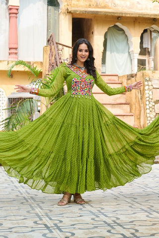 Leheriya Print work with Kutchi Patch work in Chinon Fabric with 12 Meter Big Flair Navaratri Gown