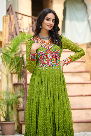 Leheriya Print work with Kutchi Patch work in Chinon Fabric with 12 Meter Big Flair Navaratri Gown