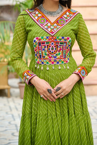 Leheriya Print work with Kutchi Patch work in Chinon Fabric with 12 Meter Big Flair Navaratri Gown