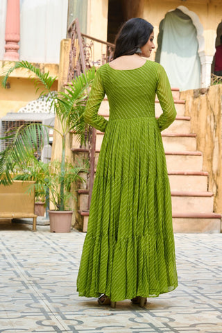 Leheriya Print work with Kutchi Patch work in Chinon Fabric with 12 Meter Big Flair Navaratri Gown