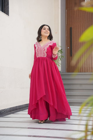 Star Georgette with Embroidery Beads Sequins Work Gown with Dupatta Set
