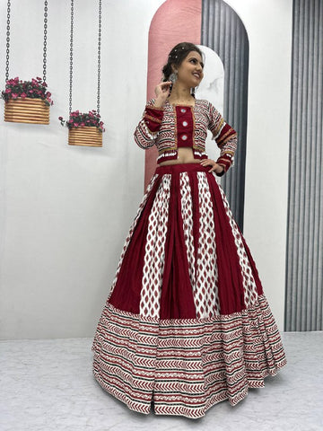 Festive Special Pure Rayon Cotton Ajarakh Print with Real Mirror Work with 6 Meter Huge Flair Navratri Special Lehenga Choli Set