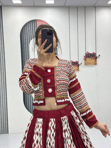Festive Special Pure Rayon Cotton Ajarakh Print with Real Mirror Work with 6 Meter Huge Flair Navratri Special Lehenga Choli Set