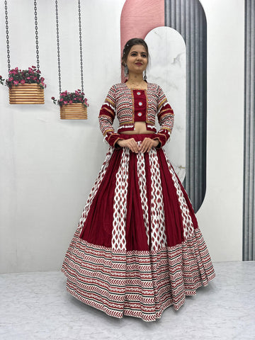 Festive Special Pure Rayon Cotton Ajarakh Print with Real Mirror Work with 6 Meter Huge Flair Navratri Special Lehenga Choli Set