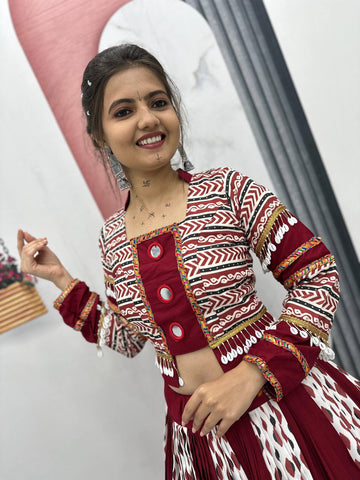 Festive Special Pure Rayon Cotton Ajarakh Print with Real Mirror Work with 6 Meter Huge Flair Navratri Special Lehenga Choli Set
