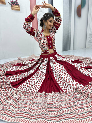 Festive Special Pure Rayon Cotton Ajarakh Print with Real Mirror Work with 6 Meter Huge Flair Navratri Special Lehenga Choli Set
