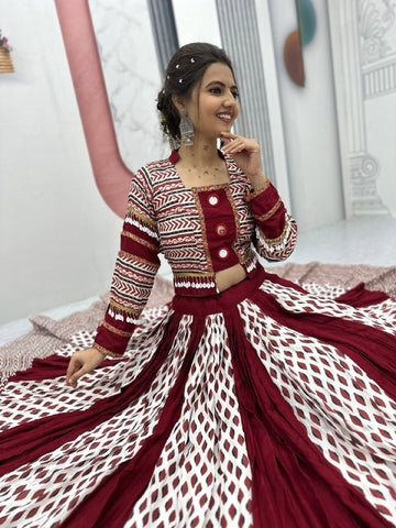 Festive Special Pure Rayon Cotton Ajarakh Print with Real Mirror Work with 6 Meter Huge Flair Navratri Special Lehenga Choli Set