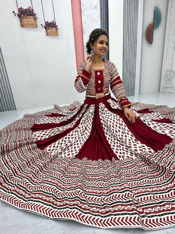 Festive Special Pure Rayon Cotton Ajarakh Print with Real Mirror Work with 6 Meter Huge Flair Navratri Special Lehenga Choli Set