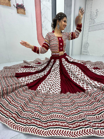 Festive Special Pure Rayon Cotton Ajarakh Print with Real Mirror Work with 6 Meter Huge Flair Navratri Special Lehenga Choli Set