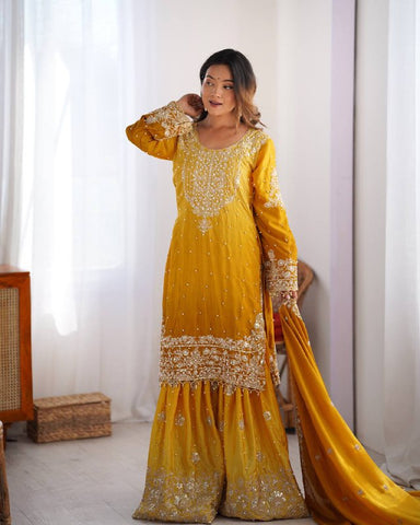 Premium Chinnon Silk with Coding Dori with Sequence with Rivet Moti Work Fancy Suit Set
