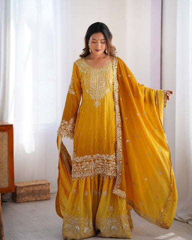 Premium Chinnon Silk with Coding Dori with Sequence with Rivet Moti Work Fancy Suit Set