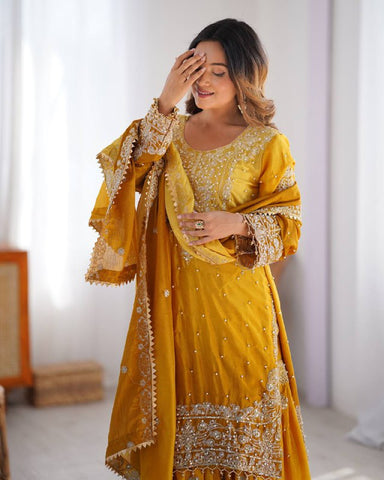 Premium Chinnon Silk with Coding Dori with Sequence with Rivet Moti Work Fancy Suit Set