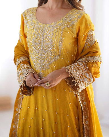 Premium Chinnon Silk with Coding Dori with Sequence with Rivet Moti Work Fancy Suit Set