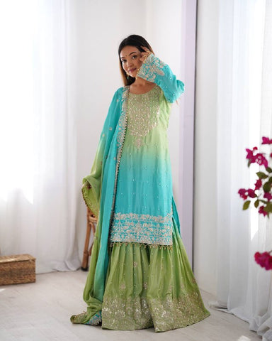Premium Chinnon Silk with Coding Dori with Sequence with Rivet Moti Work Fancy Suit Set