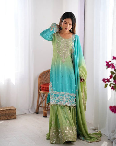 Premium Chinnon Silk with Coding Dori with Sequence with Rivet Moti Work Fancy Suit Set