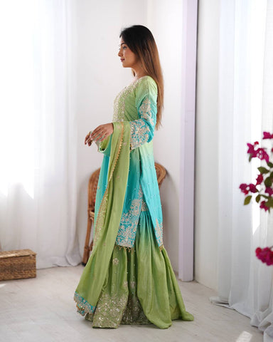 Premium Chinnon Silk with Coding Dori with Sequence with Rivet Moti Work Fancy Suit Set
