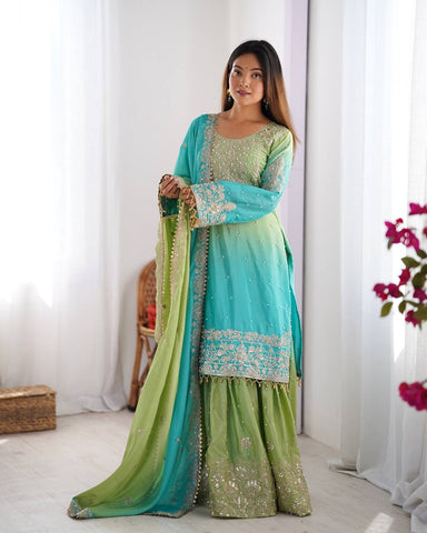 Premium Chinnon Silk with Coding Dori with Sequence with Rivet Moti Work Fancy Suit Set
