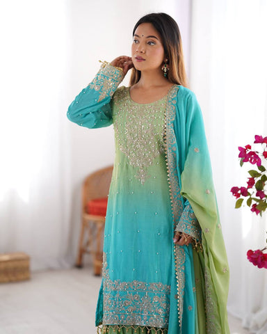 Premium Chinnon Silk with Coding Dori with Sequence with Rivet Moti Work Fancy Suit Set