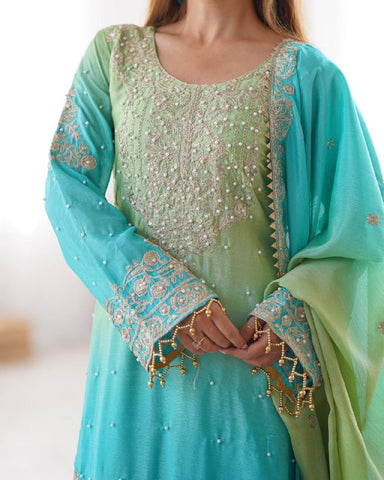 Premium Chinnon Silk with Coding Dori with Sequence with Rivet Moti Work Fancy Suit Set