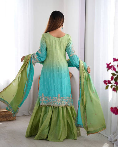 Premium Chinnon Silk with Coding Dori with Sequence with Rivet Moti Work Fancy Suit Set